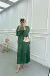 Sare Fashion Pleated Skirt Set with Stone Neck Emerald Green