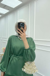 Sare Fashion Pleated Skirt Set with Stone Neck Emerald Green