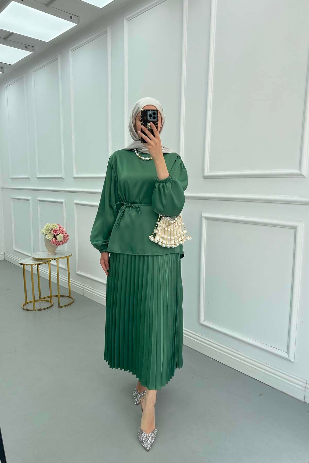 Sare Fashion Pleated Skirt Set with Stone Neck Emerald Green