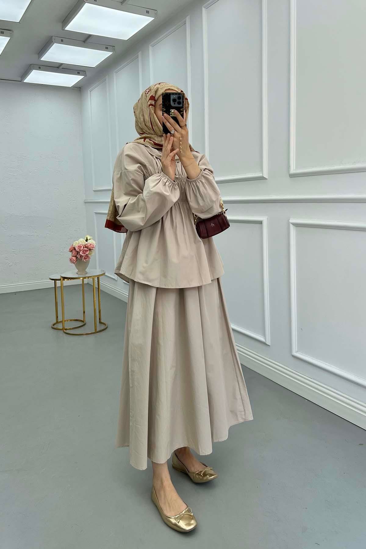 Sare Fashion Neck and Waist Detailed Skirt Suit Beige