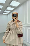 Sare Fashion Neck and Waist Detailed Skirt Suit Beige