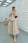 Sare Fashion Neck and Waist Detailed Skirt Suit Beige