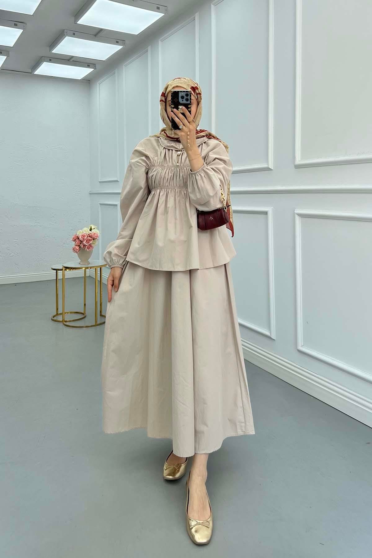 Sare Fashion Neck and Waist Detailed Skirt Suit Beige