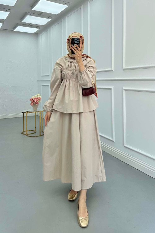 Sare Fashion Neck and Waist Detailed Skirt Suit Beige