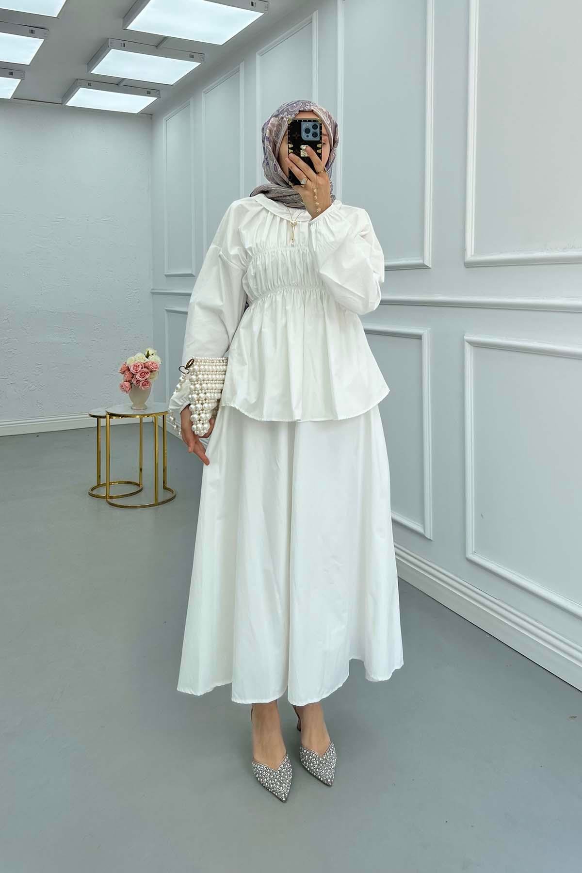 Sare Fashion Neck and Waist Detailed Skirt Suit White