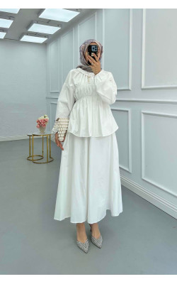 Sare Fashion Neck and Waist Detailed Skirt Suit White
