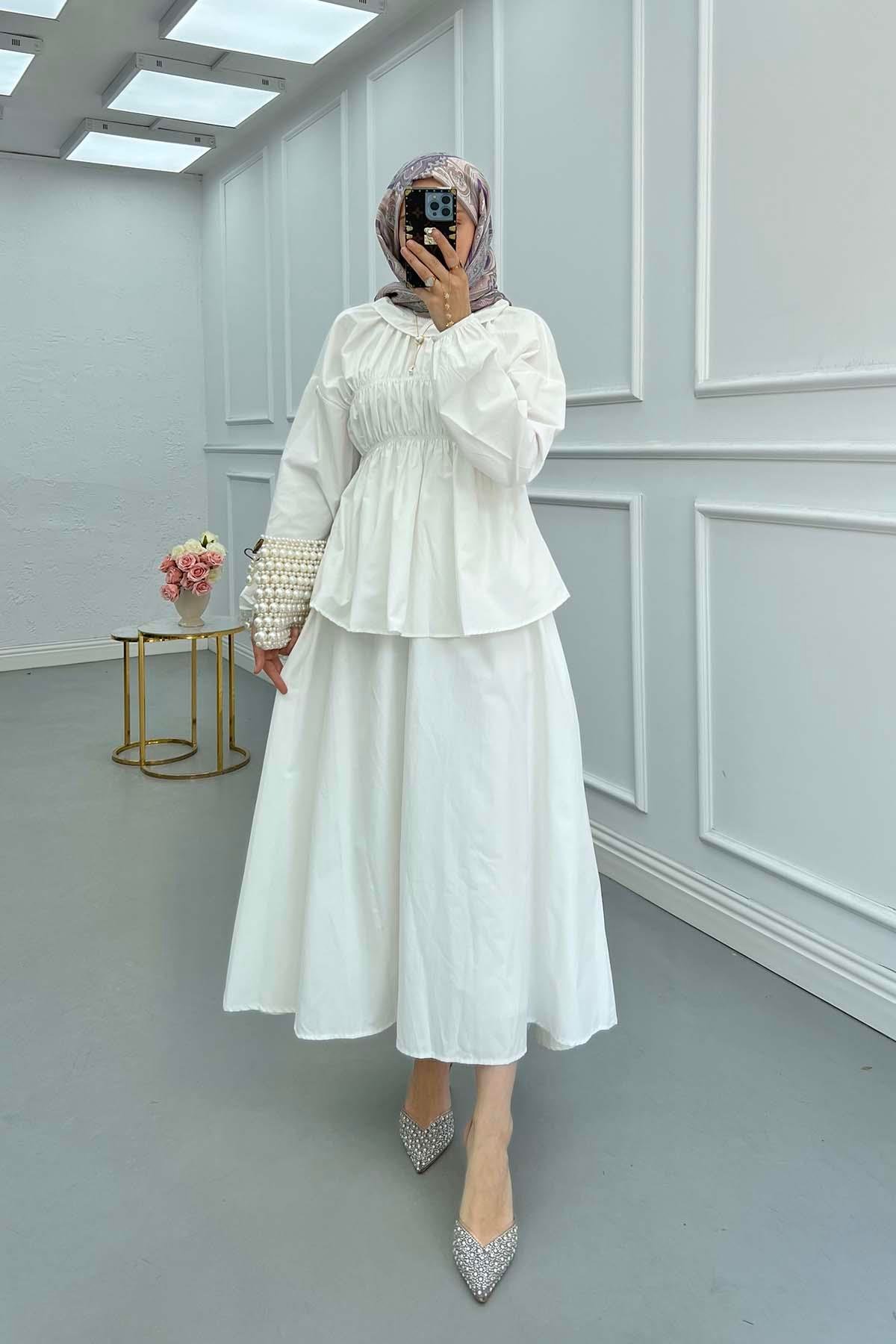 Sare Fashion Neck and Waist Detailed Skirt Suit White