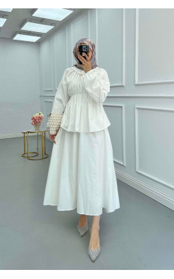 Sare Fashion Neck and Waist Detailed Skirt Suit White