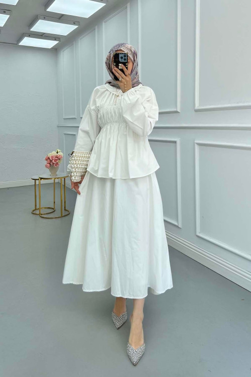 Sare Fashion Neck and Waist Detailed Skirt Suit White