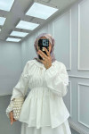 Sare Fashion Neck and Waist Detailed Skirt Suit White