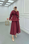 Sare Fashion Neck and Waist Detailed Skirt Suit Claret Red