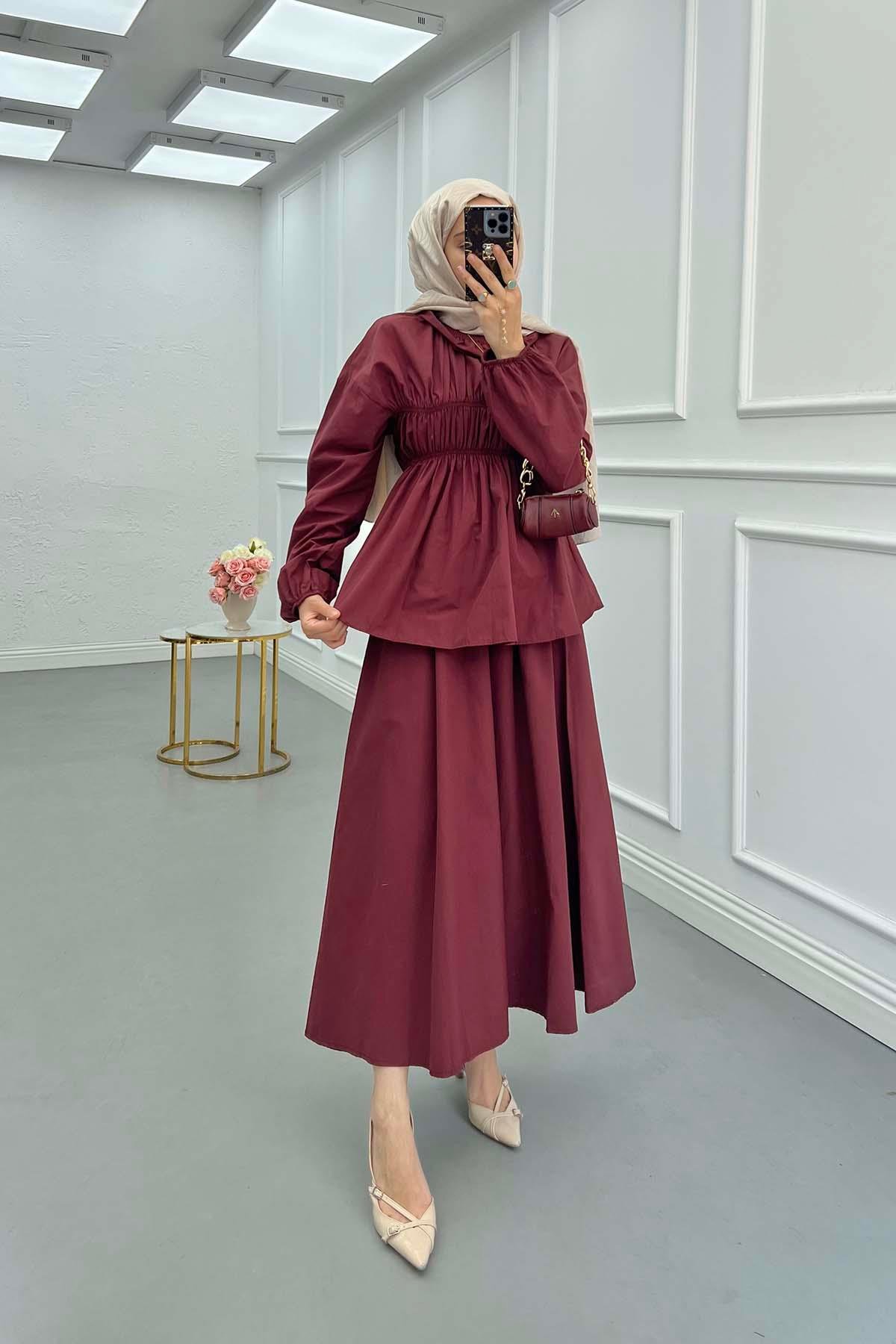 Sare Fashion Neck and Waist Detailed Skirt Suit Claret Red