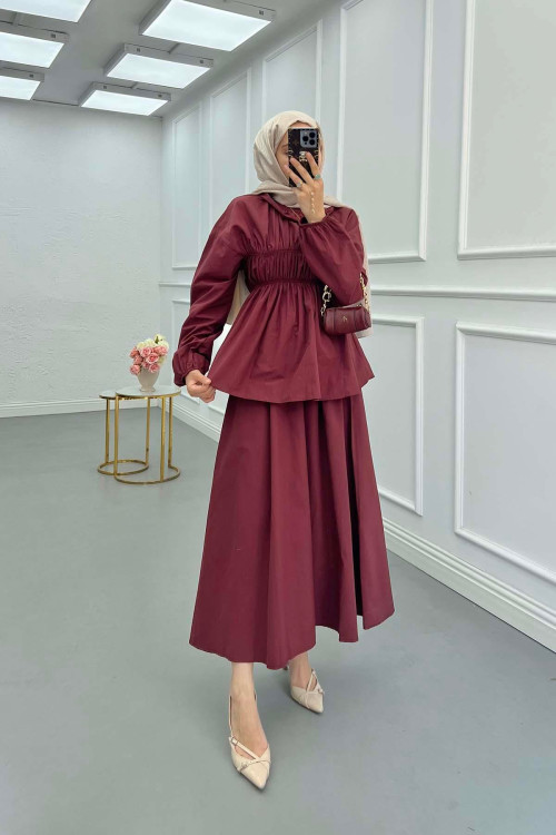 Sare Fashion Neck and Waist Detailed Skirt Suit Claret Red