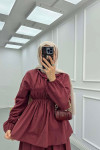 Sare Fashion Neck and Waist Detailed Skirt Suit Claret Red