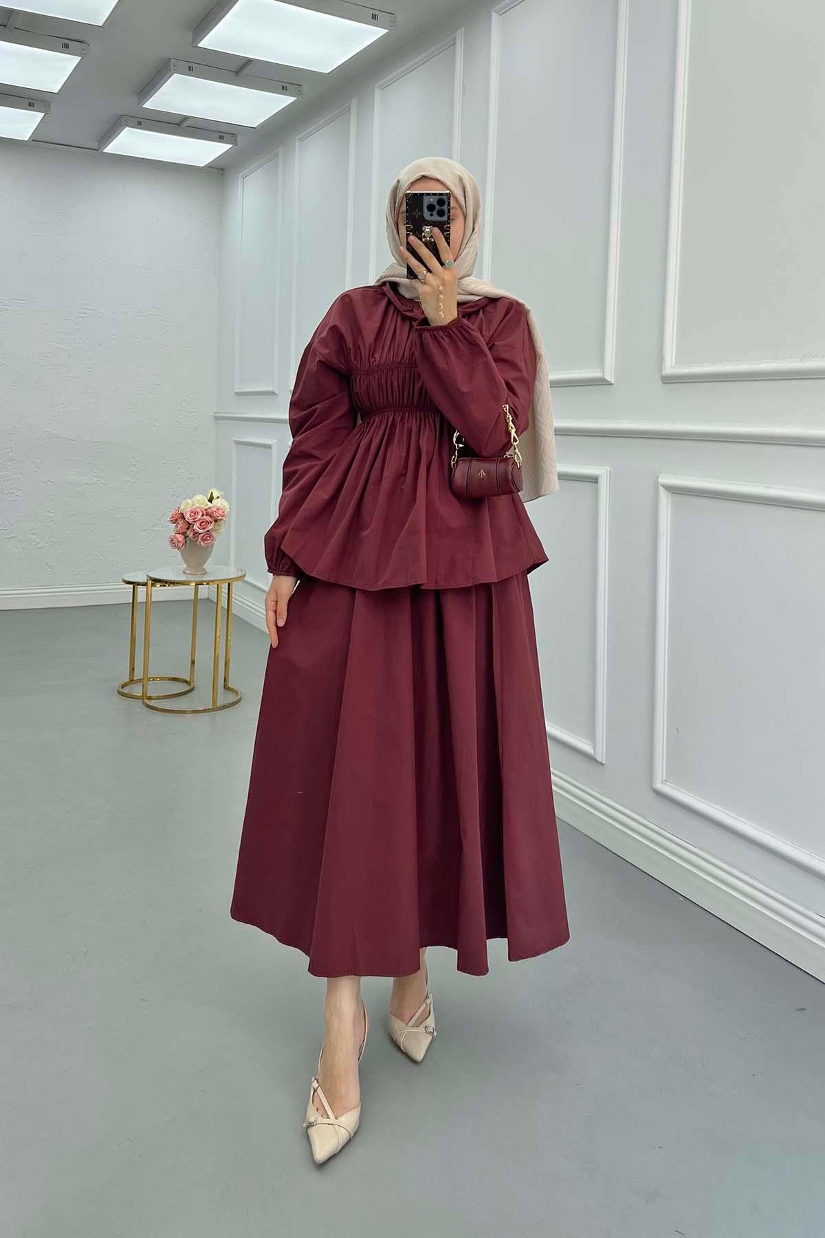 Sare Fashion Neck and Waist Detailed Skirt Suit Claret Red