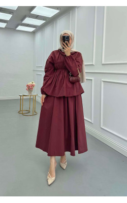 Sare Fashion Neck and Waist Detailed Skirt Suit Claret Red
