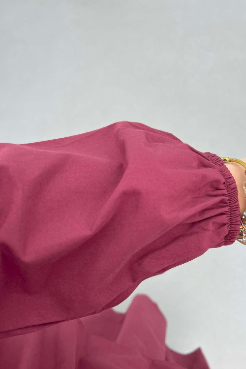 Sare Fashion Neck and Waist Detailed Skirt Suit Claret Red