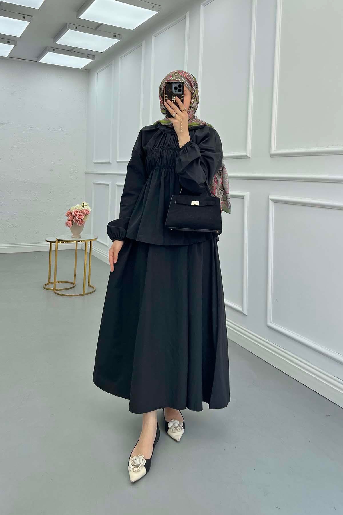Sare Fashion Neck and Waist Detailed Skirt Suit Black