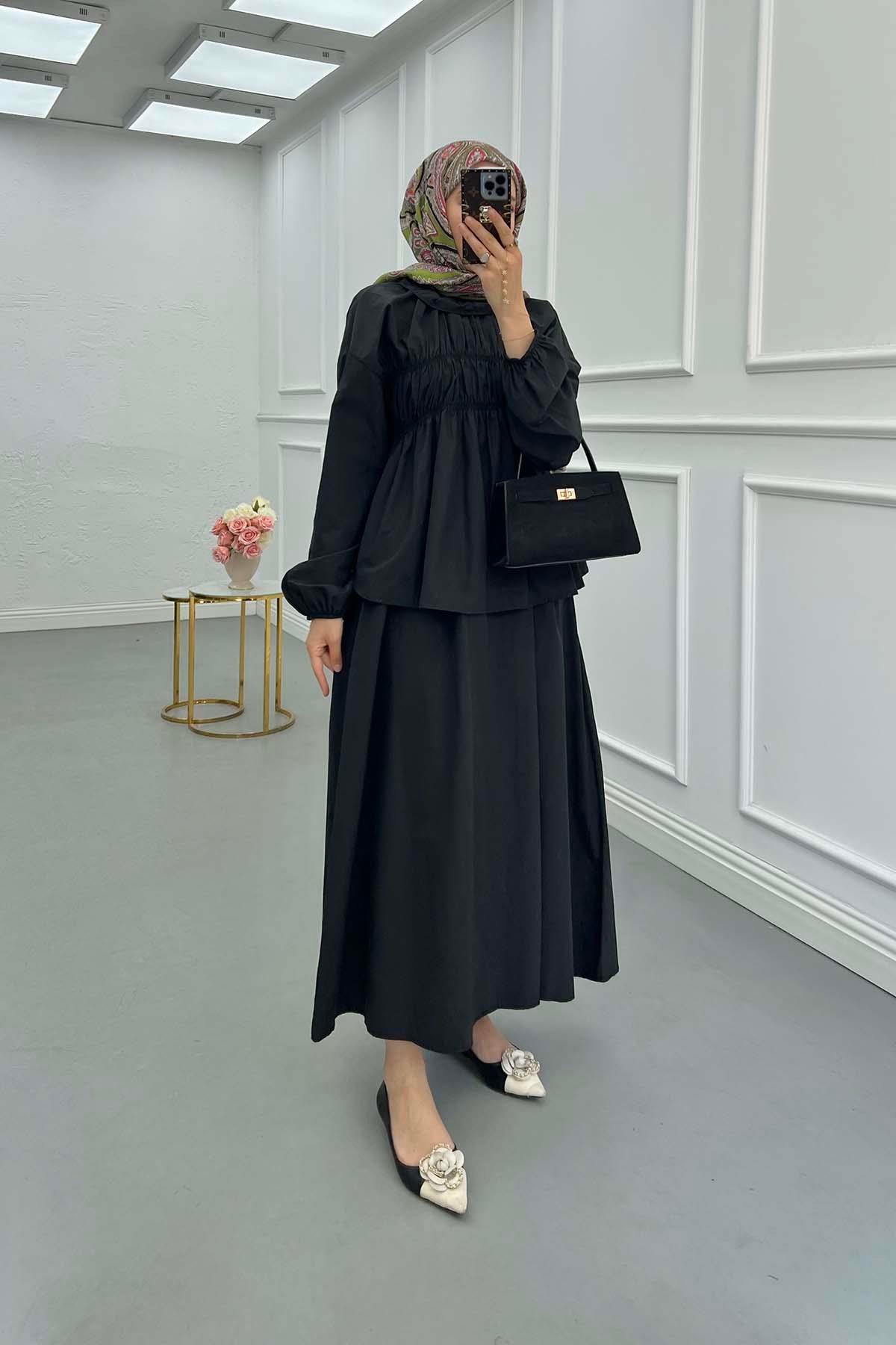 Sare Fashion Neck and Waist Detailed Skirt Suit Black
