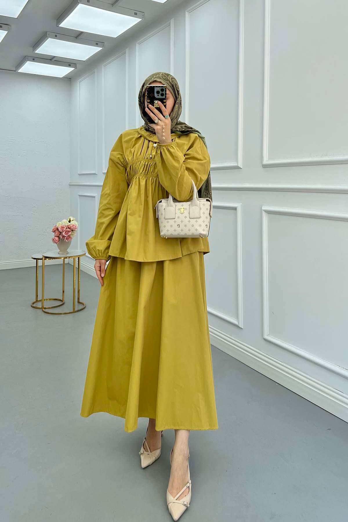 Sare Fashion Neck and Waist Detailed Skirt Suit Oil Green