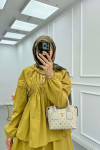 Sare Fashion Neck and Waist Detailed Skirt Suit Oil Green