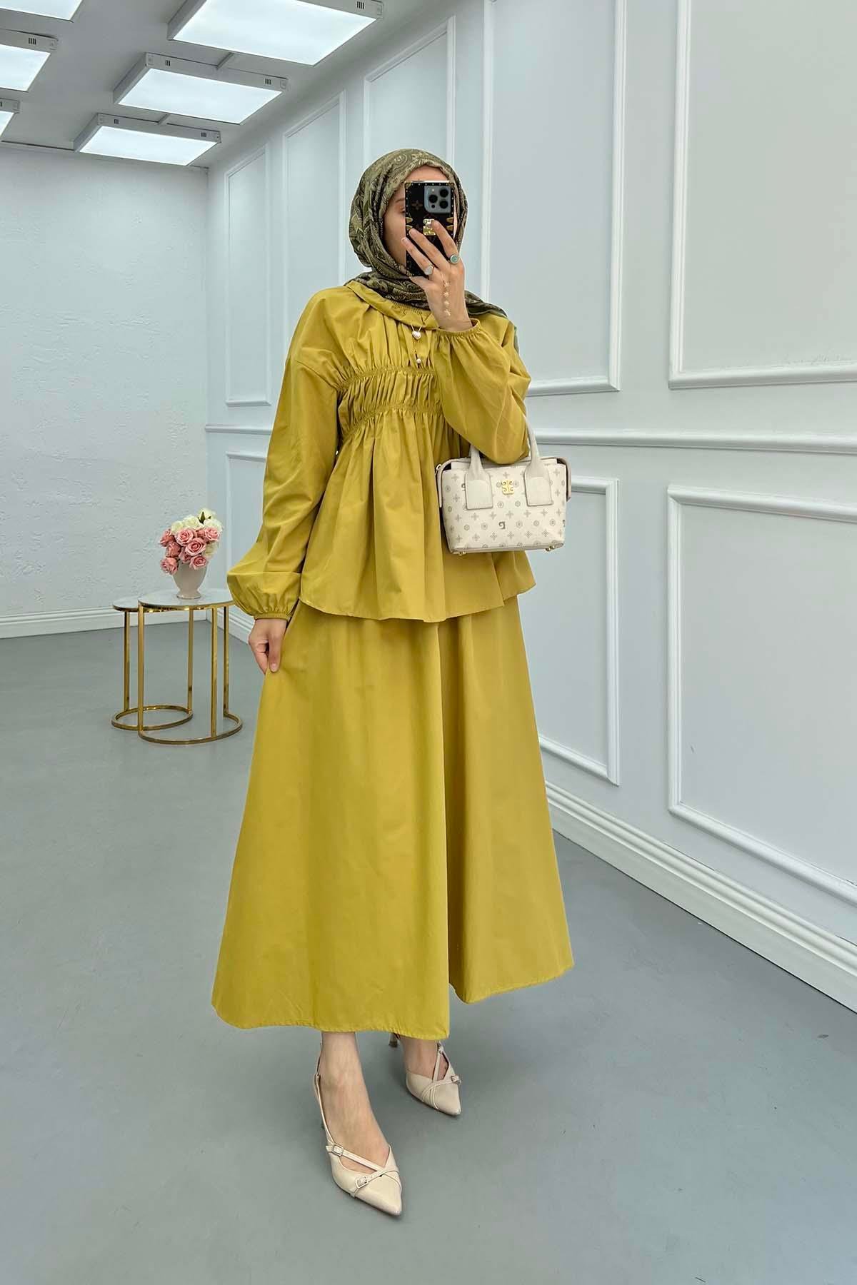 Sare Fashion Neck and Waist Detailed Skirt Suit Oil Green