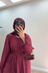 Sare Fashion Tunic with Pleated Detail on Neck and Sleeves and Ruffles, Claret Red