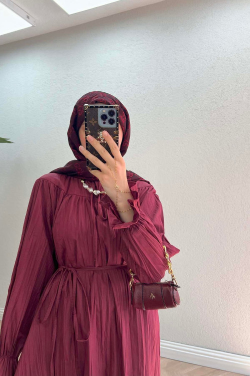 Sare Fashion Tunic with Pleated Detail on Neck and Sleeves and Ruffles, Claret Red