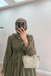 Sare Fashion Pleated Detailed Tunic with Ruffle Neck and Sleeves Khaki