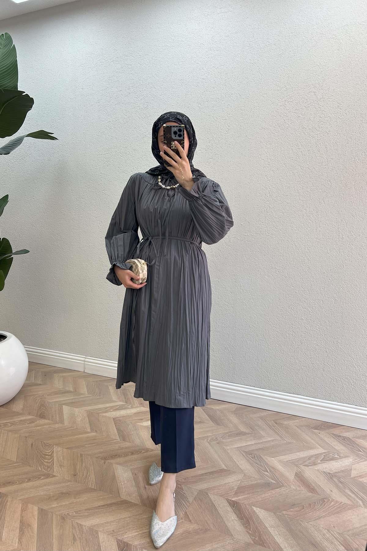 Sare Fashion Pleated Detailed Tunic with Ruffle Neck and Sleeves Gray