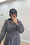 Sare Fashion Pleated Detailed Tunic with Ruffle Neck and Sleeves Gray