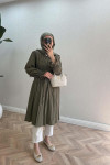 Sare Fashion Pleated Detailed Tunic with Ruffle Neck and Sleeves Khaki