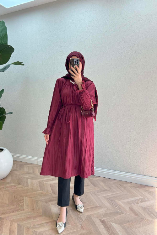 Sare Fashion Tunic with Pleated Detail on Neck and Sleeves and Ruffles, Claret Red