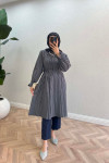 Sare Fashion Pleated Detailed Tunic with Ruffle Neck and Sleeves Gray