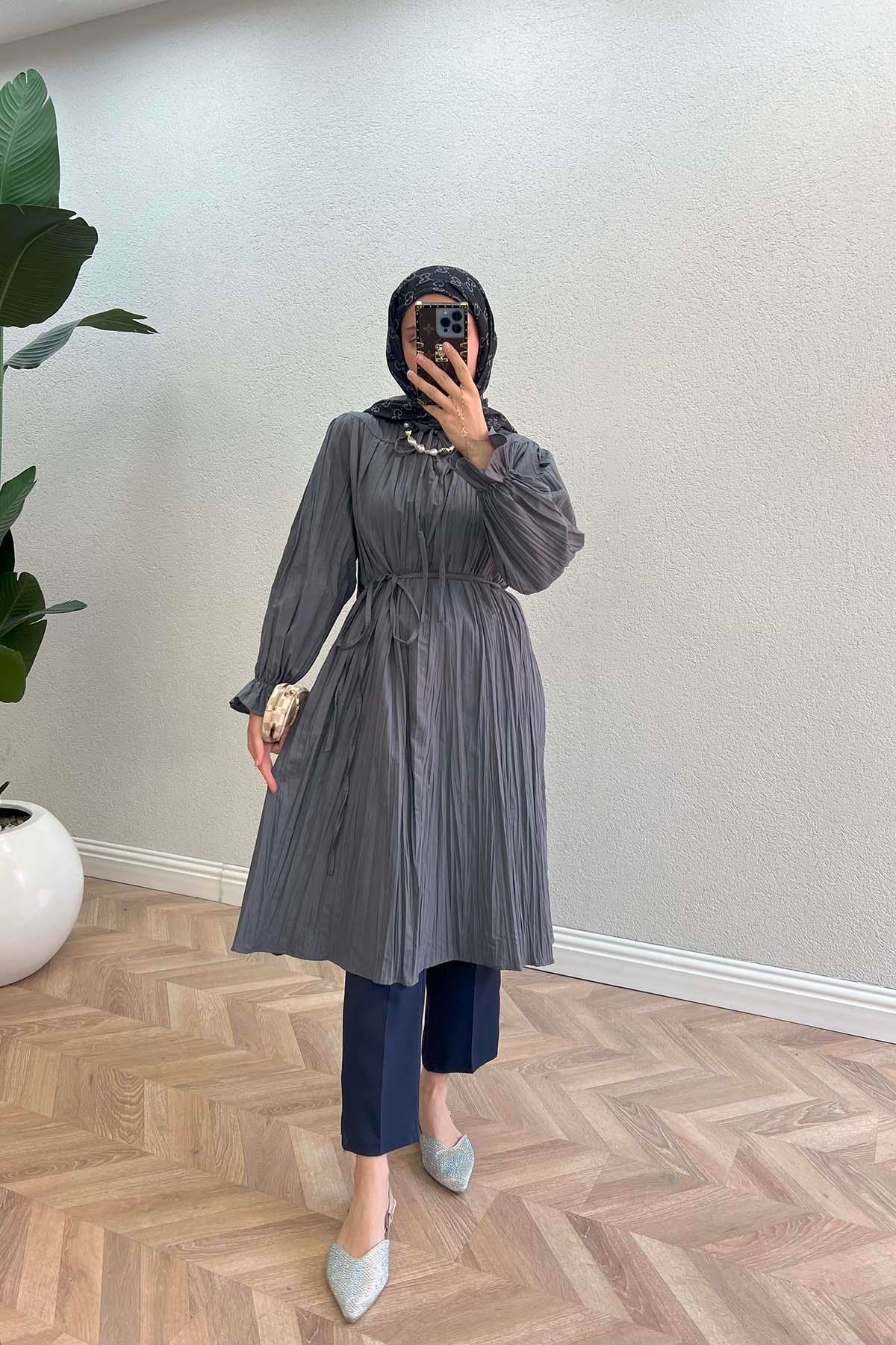 Sare Fashion Pleated Detailed Tunic with Ruffle Neck and Sleeves Gray