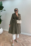 Sare Fashion Pleated Detailed Tunic with Ruffle Neck and Sleeves Khaki