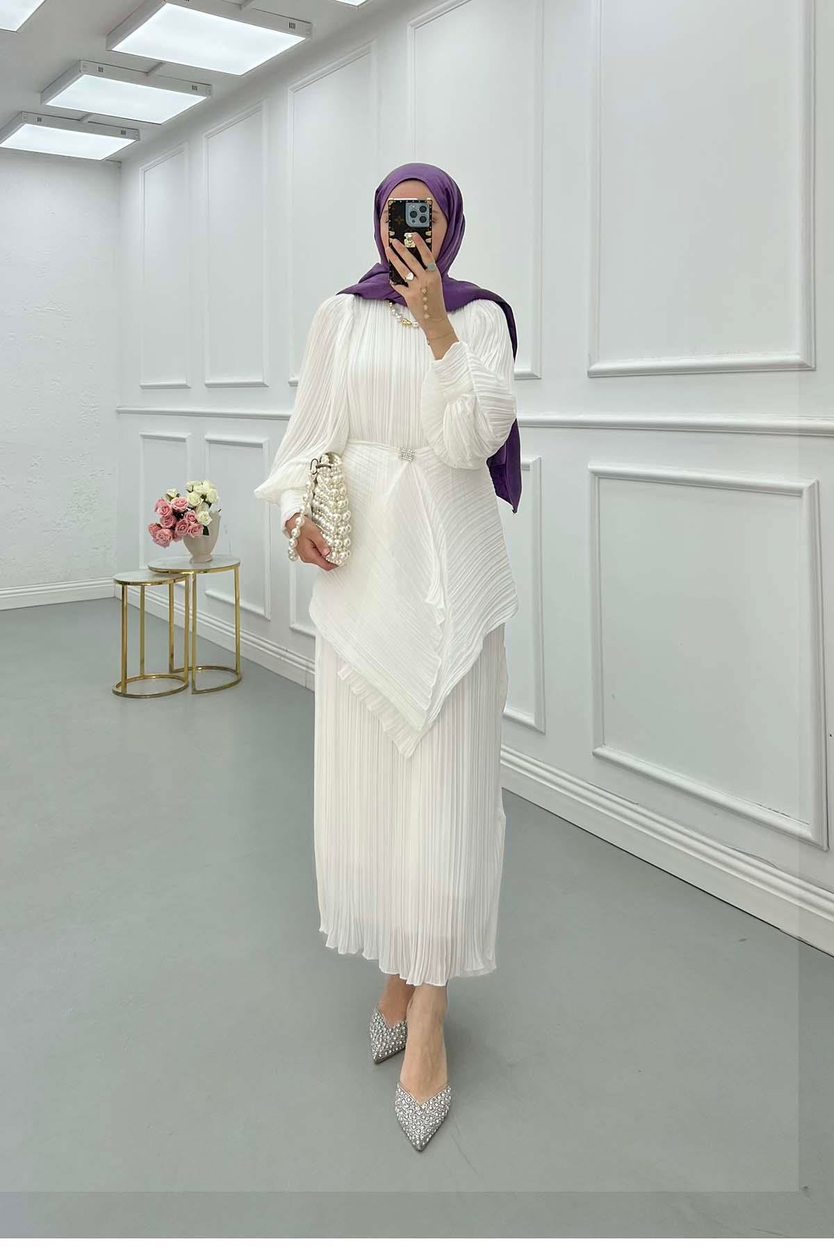 Sare Fashion Brooch Detailed Lined Dress White