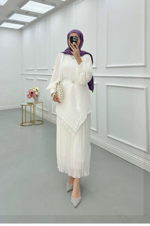 Sare Fashion Brooch Detailed Lined Dress White