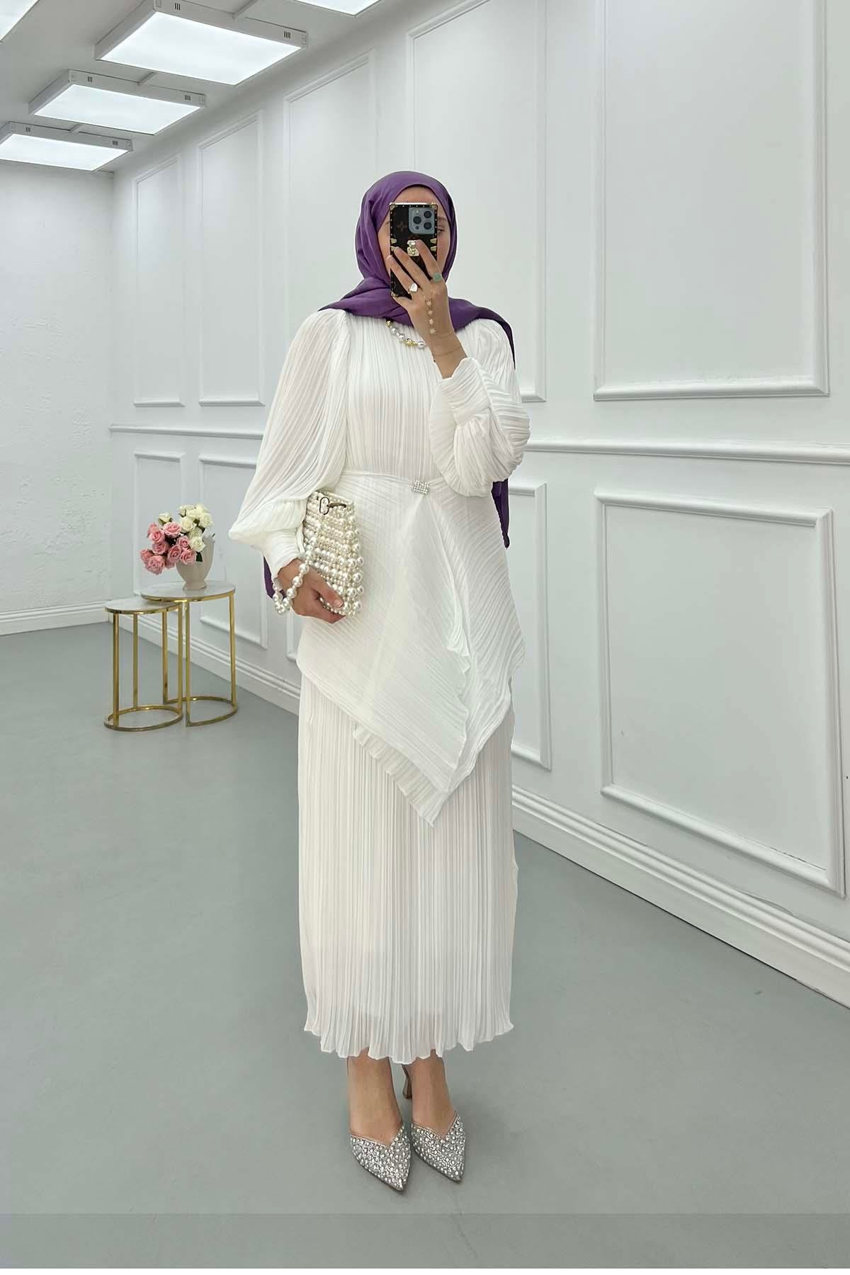 Sare Fashion Brooch Detailed Lined Dress White