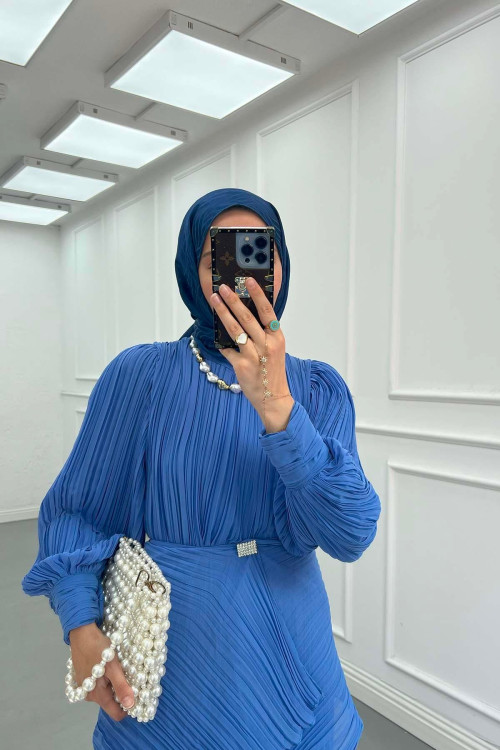 Sare Fashion Brooch Detailed Lined Dress Blue Sare Fashion Brooch Detailed Lined Dress Blue