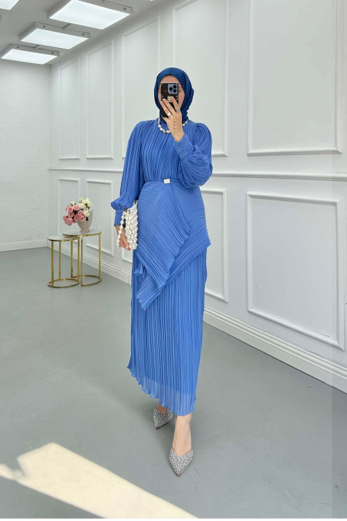 Sare Fashion Brooch Detailed Lined Dress Blue Sare Fashion Brooch Detailed Lined Dress Blue