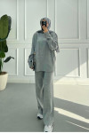 Sare Fashion Brooch Detailed Self-Patterned Knitwear Suit Gray