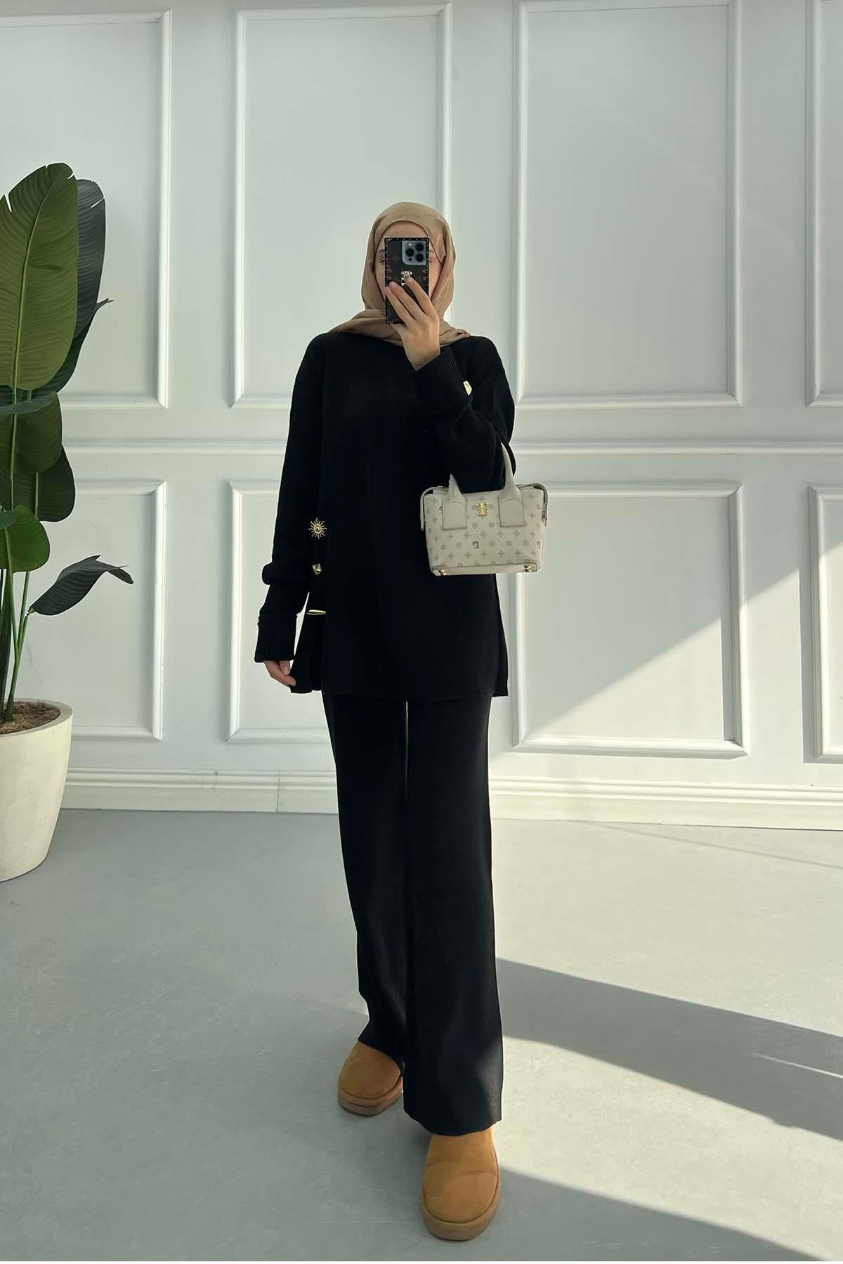 Sare Fashion Brooch Detailed Self-Patterned Knitwear Suit Black