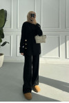 Sare Fashion Brooch Detailed Self-Patterned Knitwear Suit Black