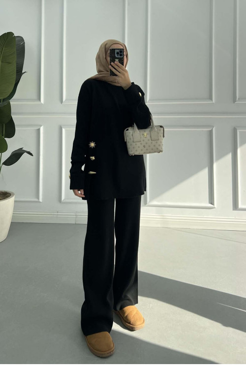 Sare Fashion Brooch Detailed Self-Patterned Knitwear Suit Black