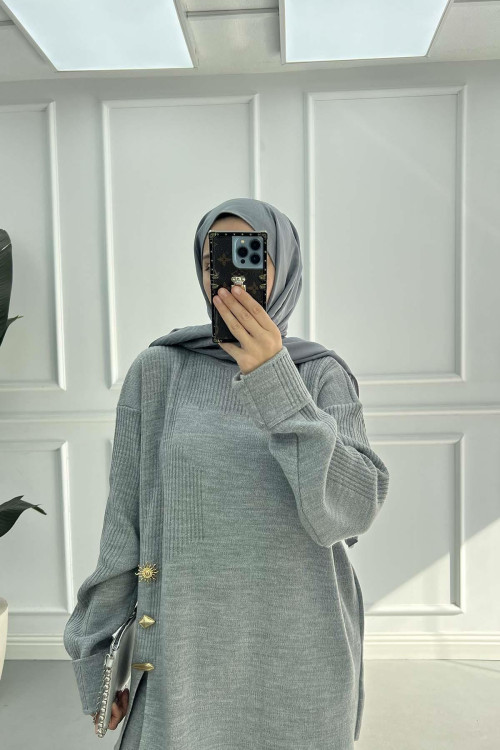 Sare Fashion Brooch Detailed Self-Patterned Knitwear Suit Gray Sare Fashion Brooch Detailed Self-Patterned Knitwear Suit Gray
