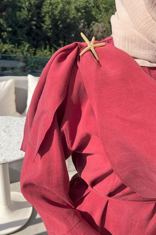 Sare Fashion Brooch Detailed Belted Dress Burgundy