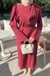 Sare Fashion Brooch Detailed Belted Dress Burgundy