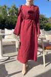 Sare Fashion Brooch Detailed Belted Dress Burgundy