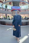 Sare Fashion Brooch Detailed Belted Dress Navy Blue